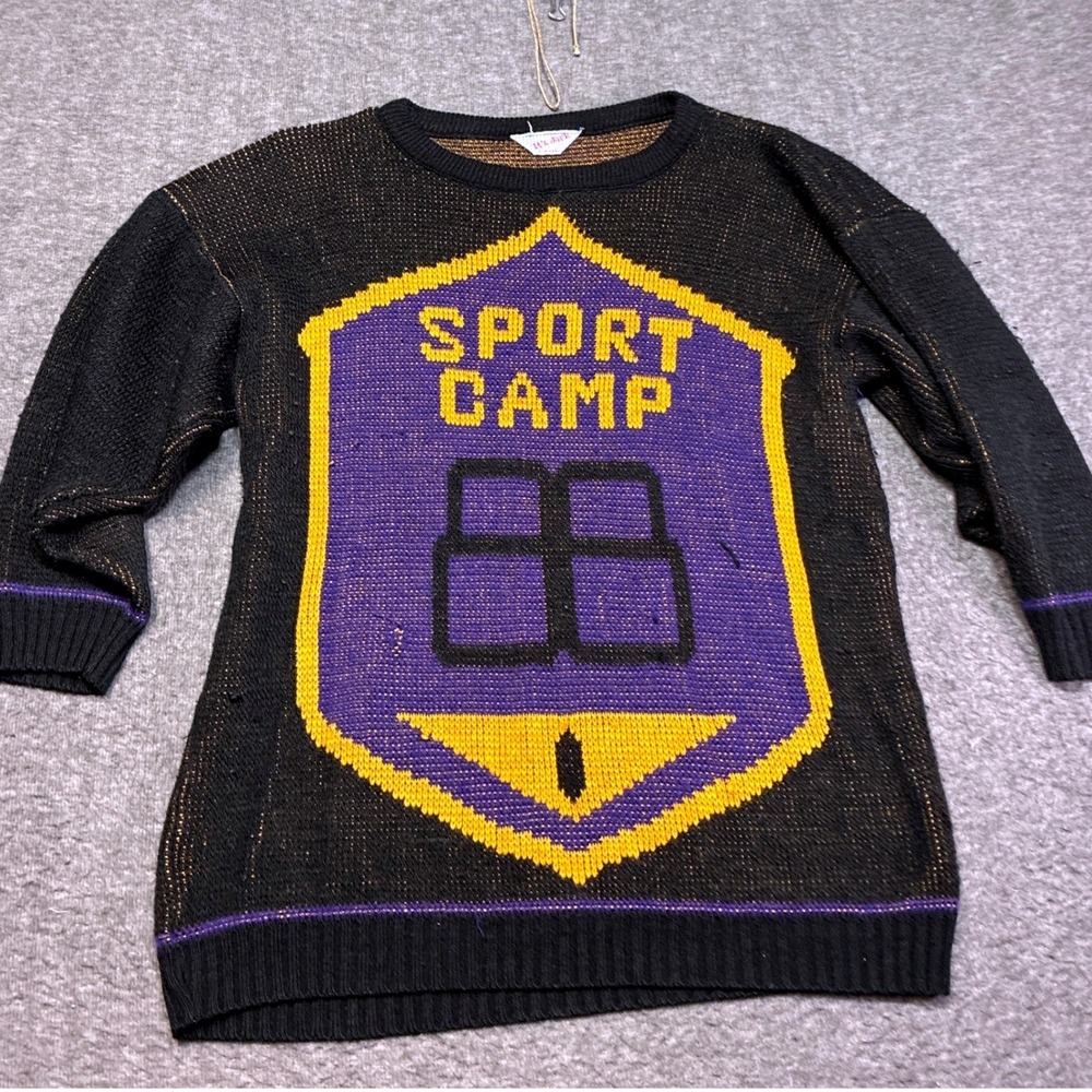 Vintage It's Jack Sport Camp Sweater Women XL Black Purple Knit 80s Crew Neck